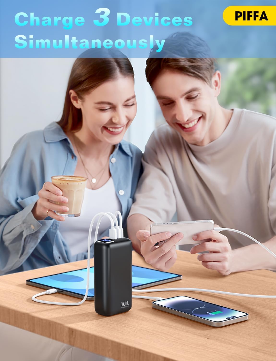 PIFFA Portable Charger Power Bank,50000mAh 22.5W Battery Pack for iPhone | Fast Charging,LED Display,USB-C Phone Charger,Travel Camping Essential Battery Bank for iPhone 17/16, Samsung etc,Dark