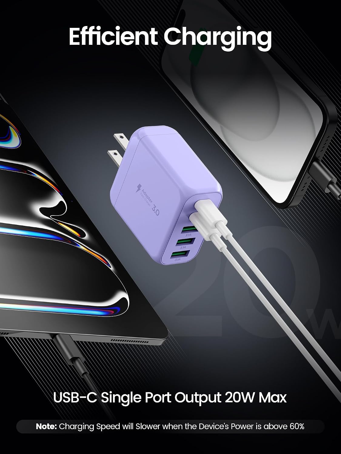 USB C Charger Block,EIZLXQ [2-Pack] Type C Charger Fast Charging,50W 5-Port USB Wall Chargers Multiport Type C Charging Block Cube for iPhone 17 16 15 14 13 12 11 Pro Max XS,iPad,Samsung&More-Purple