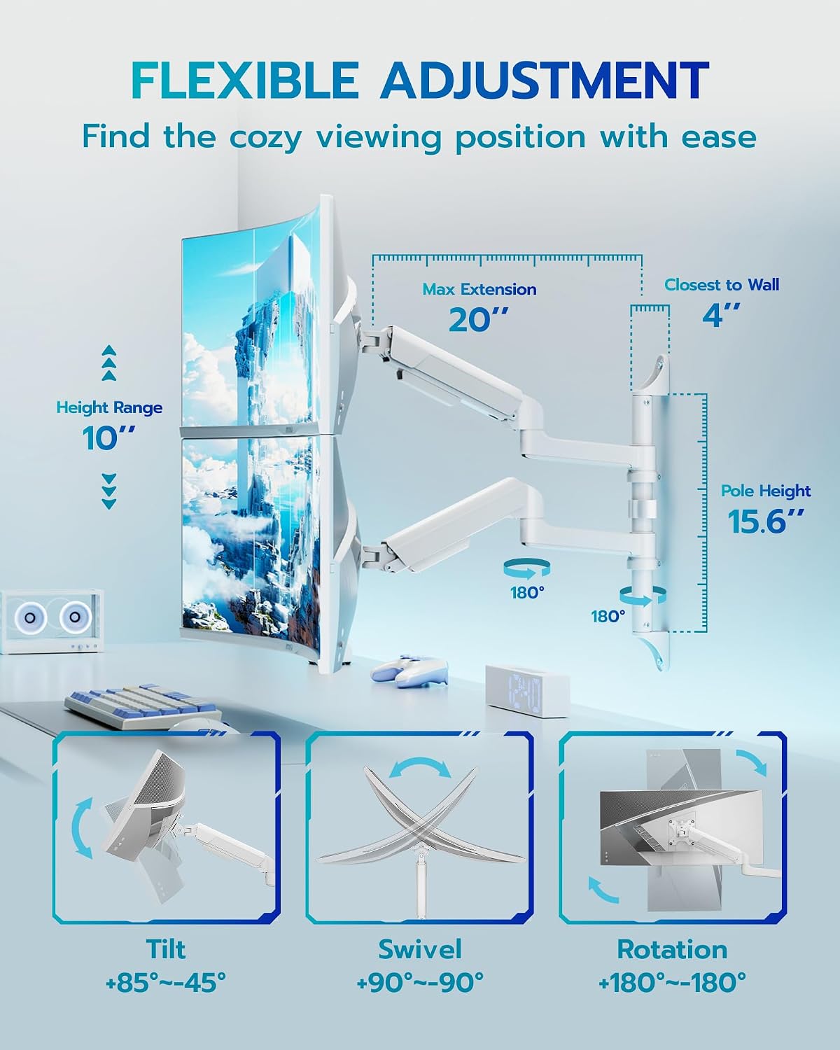 ARES WING 17-40 Inch Ultrawide Vertical Dual Monitor Wall Mount, White | Heavy Duty Monitor Arm Up to 26.4 lbs, Fully Adjustable Wall Mount, VESA 75x75/100x100 Compatible