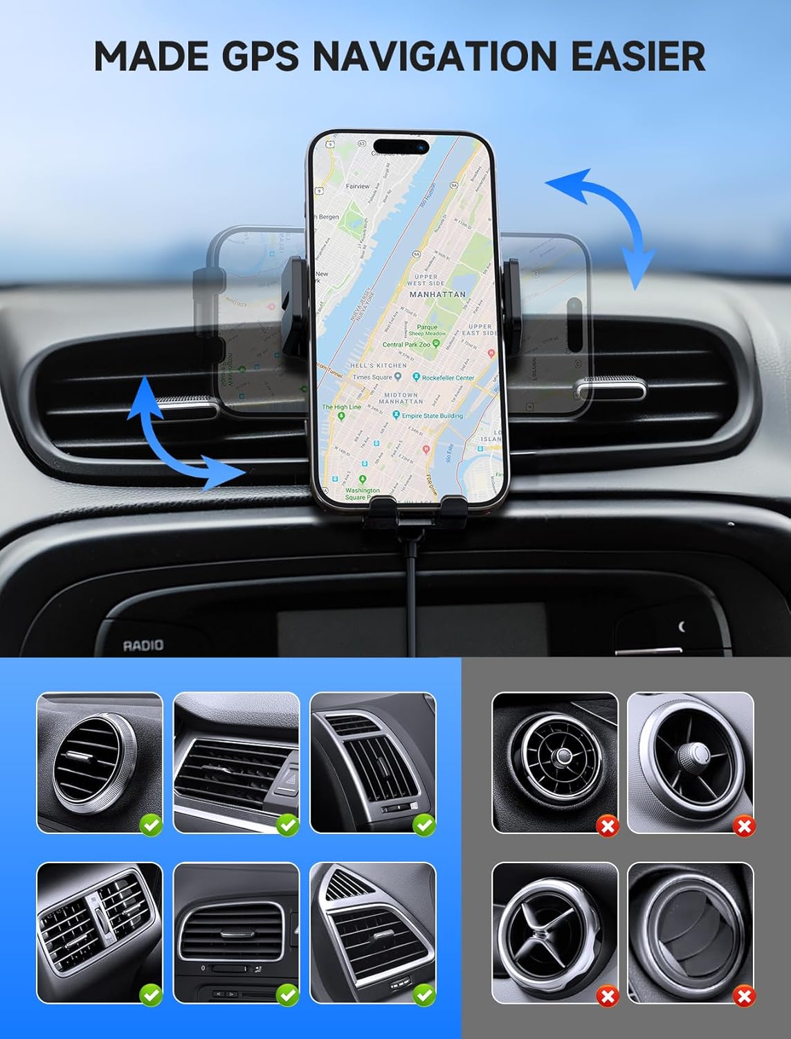 Wireless Car Charger 15W Auto Clamping Phone Holder Dash Windshield Vent | Car Charger Compatible with iPhone 17 16 15 14/13/13 Pro/12 pro/12/11/X/8, Samsung S24/S23/S22