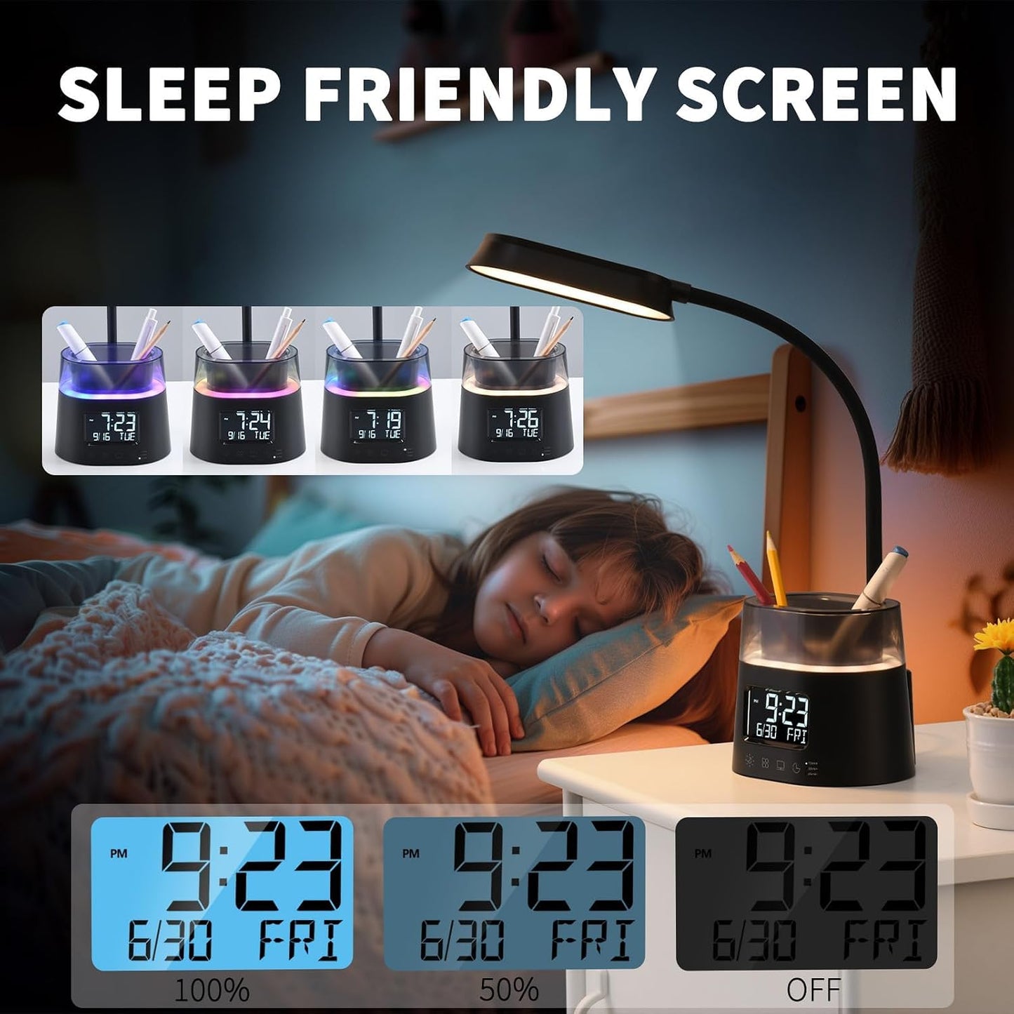 Led Desk Lamp with Pen Holder, Touch Lamps for Nightstand Eye-Caring Bedside Reading Light with Clock, Office Lamps Stepless Dimming, Lamp for Dorm Room, Suitable for Kid/Girl/Boy (Black)