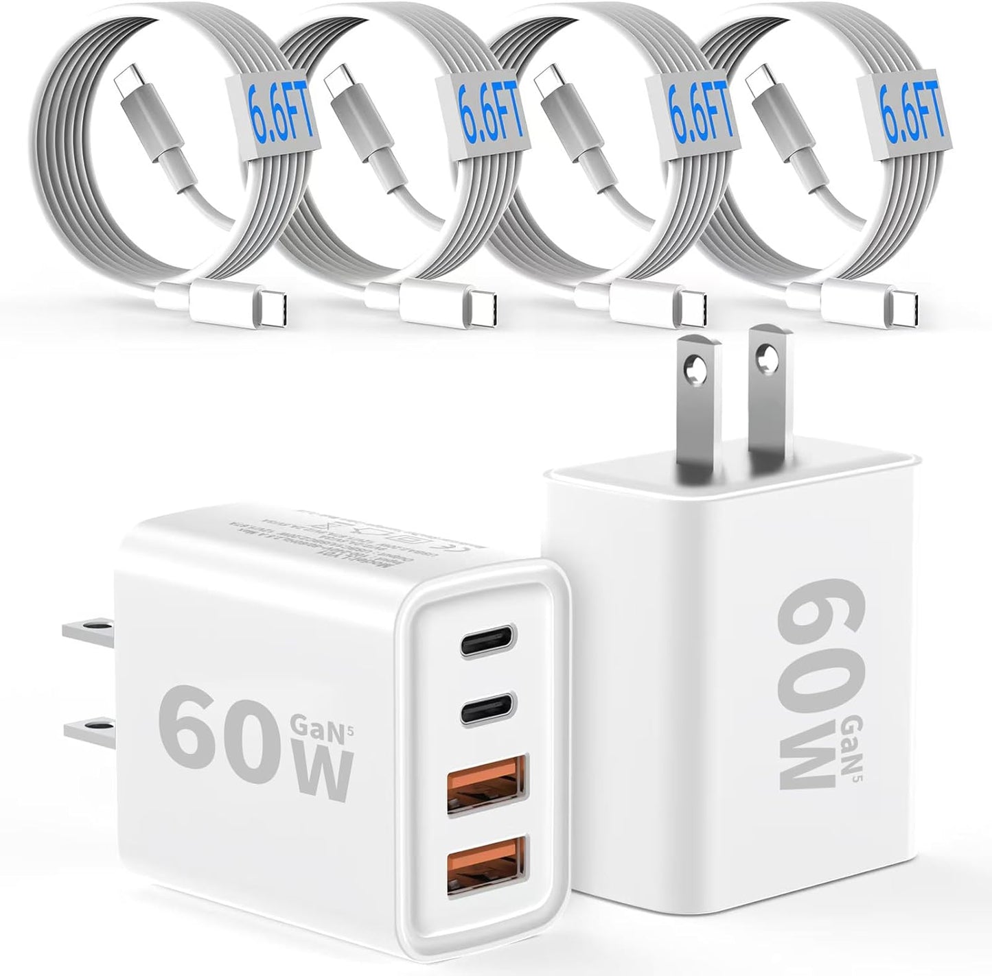 2 Pack USB C Charger Block 60W, 4-Port GaN5 Super Fast Phone Charger, Type C Charging Block PD 20W & QC 20W with 6.6FT USB C Cables for iPhone 17 Air/17/16/15 Pro Max Samsung Galaxy S24