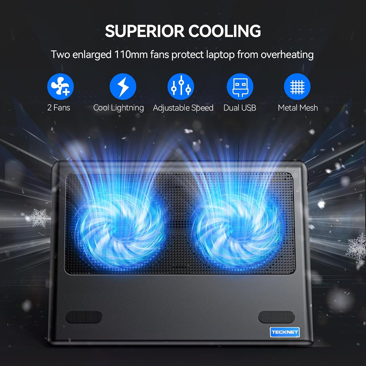 TECKNET Laptop Cooling Pad - 12"-15.6" Laptop Cooler with Quiet Cooling Fan | USB-A & USB-C Powered Cooling Stand with Adjustable Wind Speeds for Gaming, Work & Everyday Computing, Blue LED