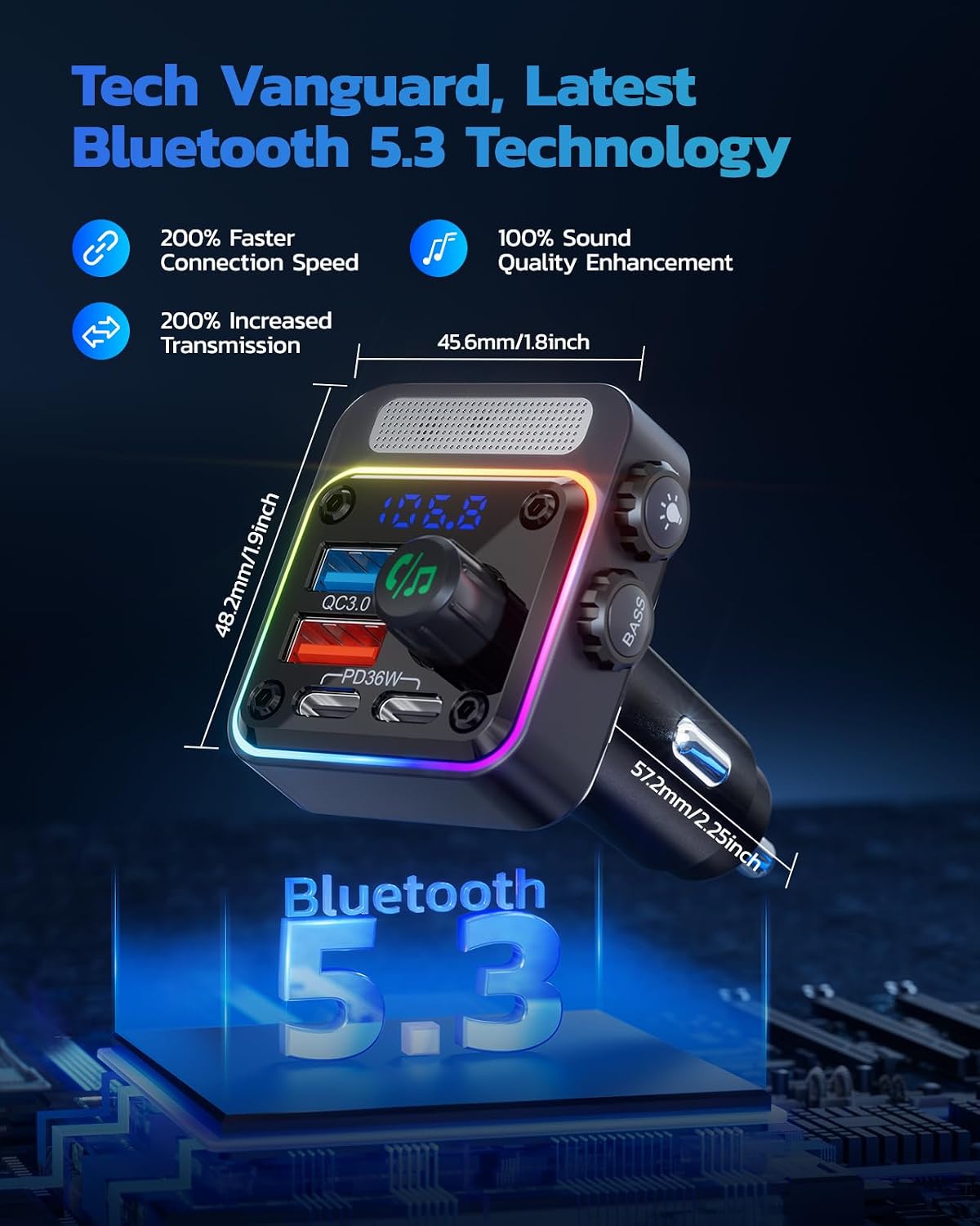 Nulaxy 54W Bluetooth 5.3 Car Adapter, FM Transmitter 4-Port Fast Charging | Wireless FM Radio Music Player with Deep Bass, 5 Colors LED Backlit, Hands-Free Calling, PD&QC Car Charger Support USB Drive