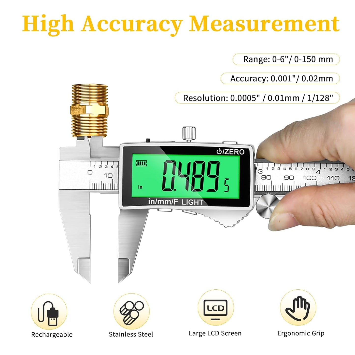 Rechargeable Digital Caliper 6 Inch, Large Backlit LCD Display, Stainless Steel Electronic Vernier Dial Calipers Measuring Tool, Inch/MM/Fraction, Auto-Off Micrometer for DIY, Household, 3D Printing