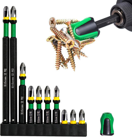 PH1 PH2 PH3 Mixed Anti Slip Screwdriver Bits Set,New 360° Laser Etched Strong Magnetic Phillips Impact Bit,Taiwan S2 CNC Precision Tip Long Bits Includes Screwdriver Magnetizer | 10 Pack