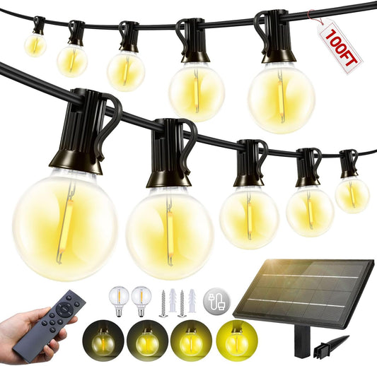 100FT Solar Lights Outdoor Waterproof: G40 30M Shatterproof Bulbs Patio Lights - Solar Powered Remote Control 3 Light Modes Dimmable Solar Light - Camping Backyard Garden Deck Outside Yard
