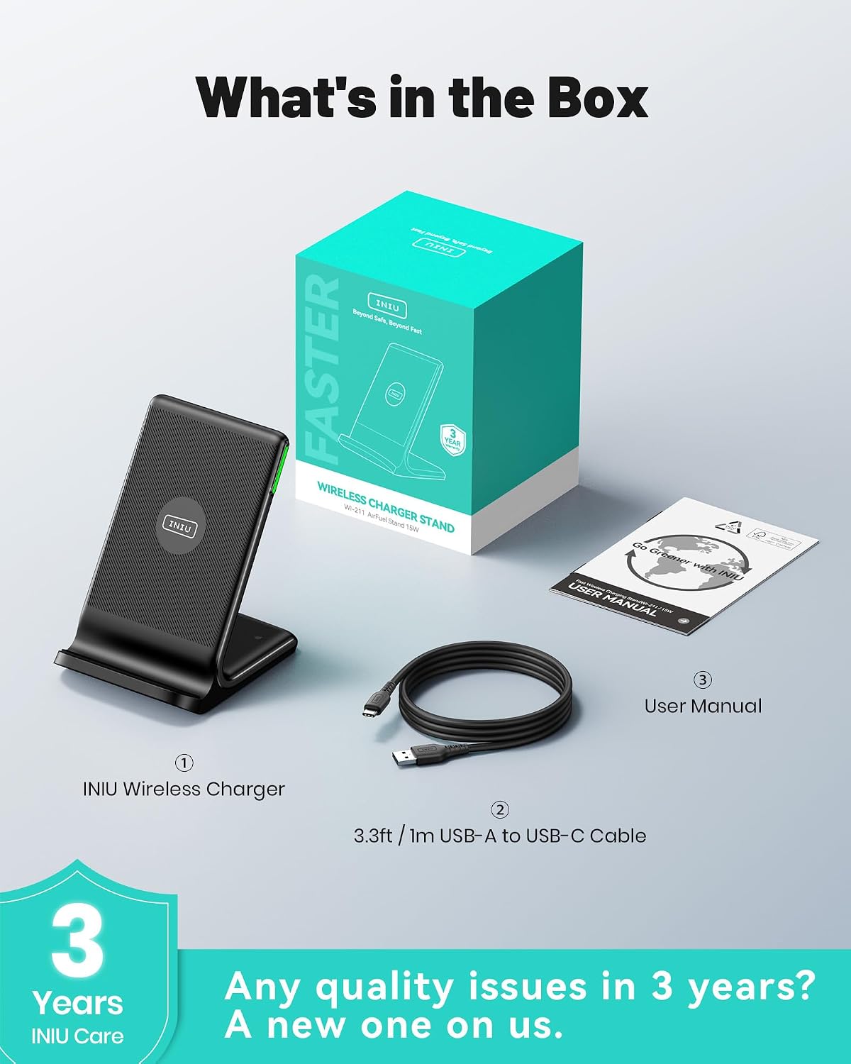 INIU Wireless Charger, 15W Fast Wireless Charging Phone Station with LED | Sleep-Friendly Adaptive Light, Exclusive Temp°Guard, Wireless Charging Station for iPhone 17 16 Pro Max, Samsung S25 S24 etc