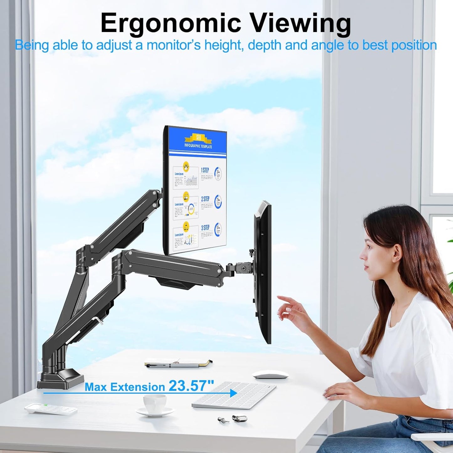 Dual Monitor Mount for Screens up to 43", Heavy Duty Monitor Arm | Ultrawide Desk Mount Holds 2.2-33lbs Each, Premium Gas Spring Adjustable Computer Monitor Arm for 2 Monitors, VESA Mount