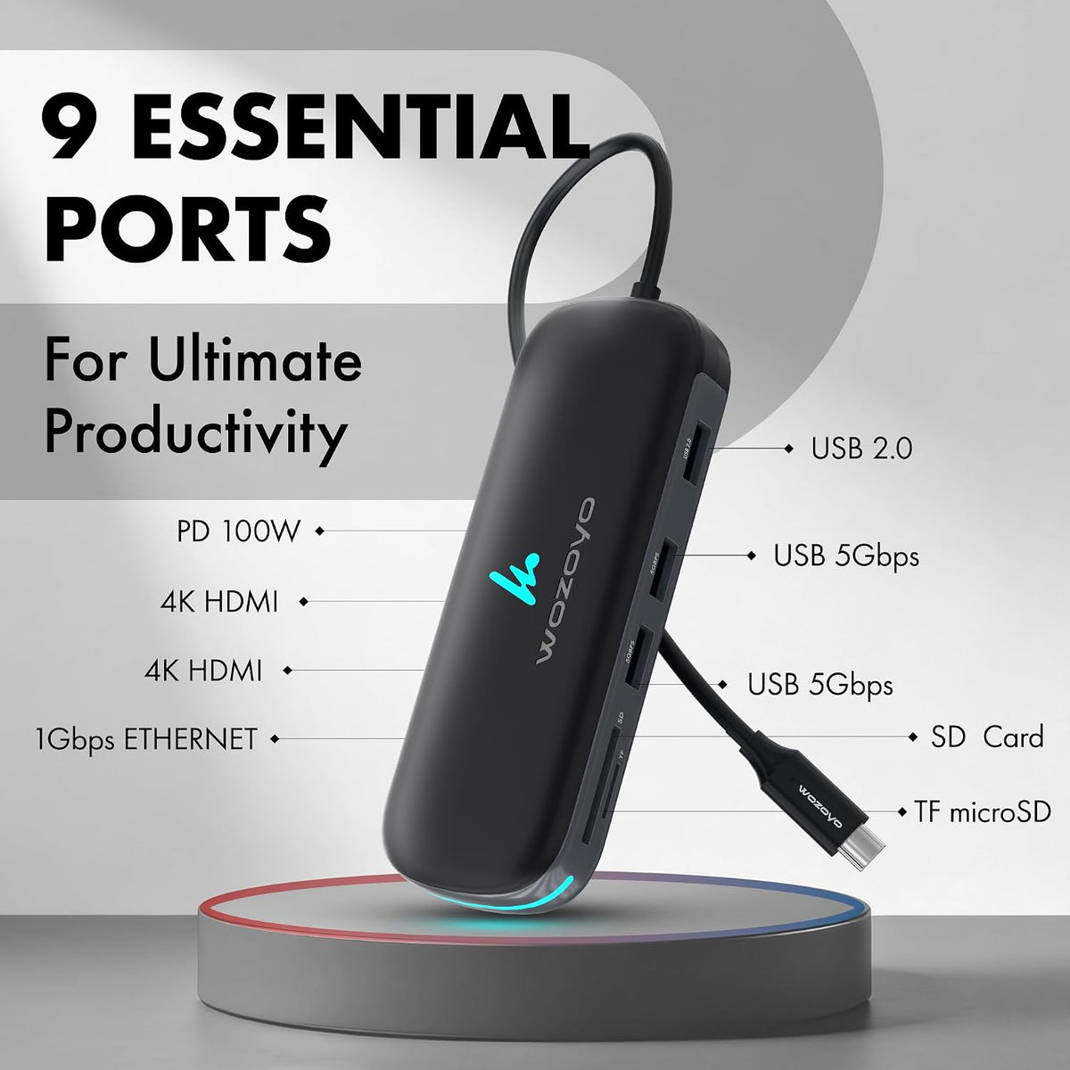 Type C 9 in 1 Wozoyo Docking Station with 2XUSB 5Gbps, 2X4K HDMI, Gigabit Ethernet, SD & TF Card Reader, PD 100W, USB 2.0, USB-C Hub, Compatible with Thunderbolt 4, macOS, Windows, Android & iOS