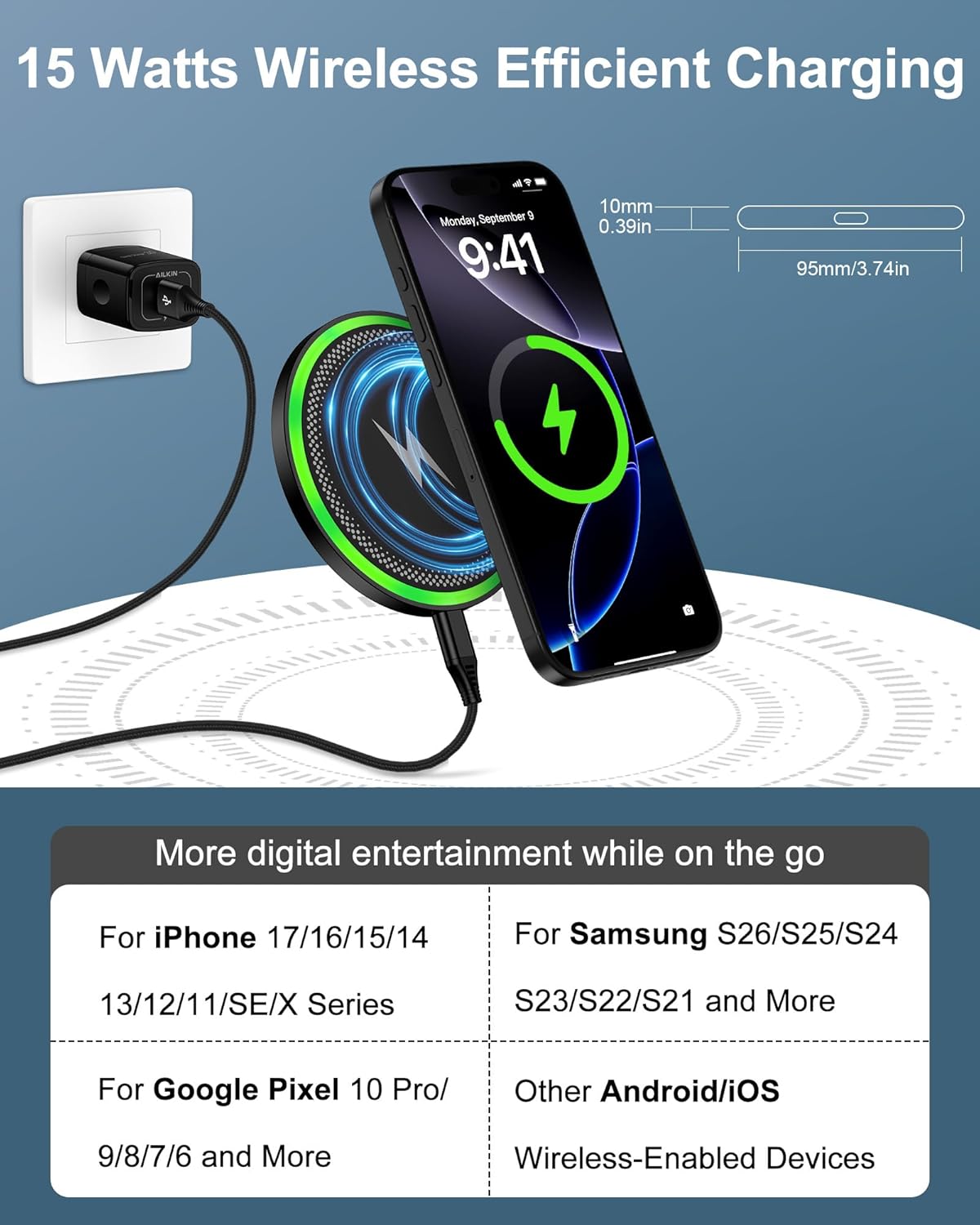 Wireless Charger Samsung S26, 15W Android Wire Less Charging Pad for Galaxy | Fast Charging Station with Block for S26 Ultra S25 S24, Google Pixel 10 Pro XL/9a Android iPhone 17 16 Cargador inalámbrico