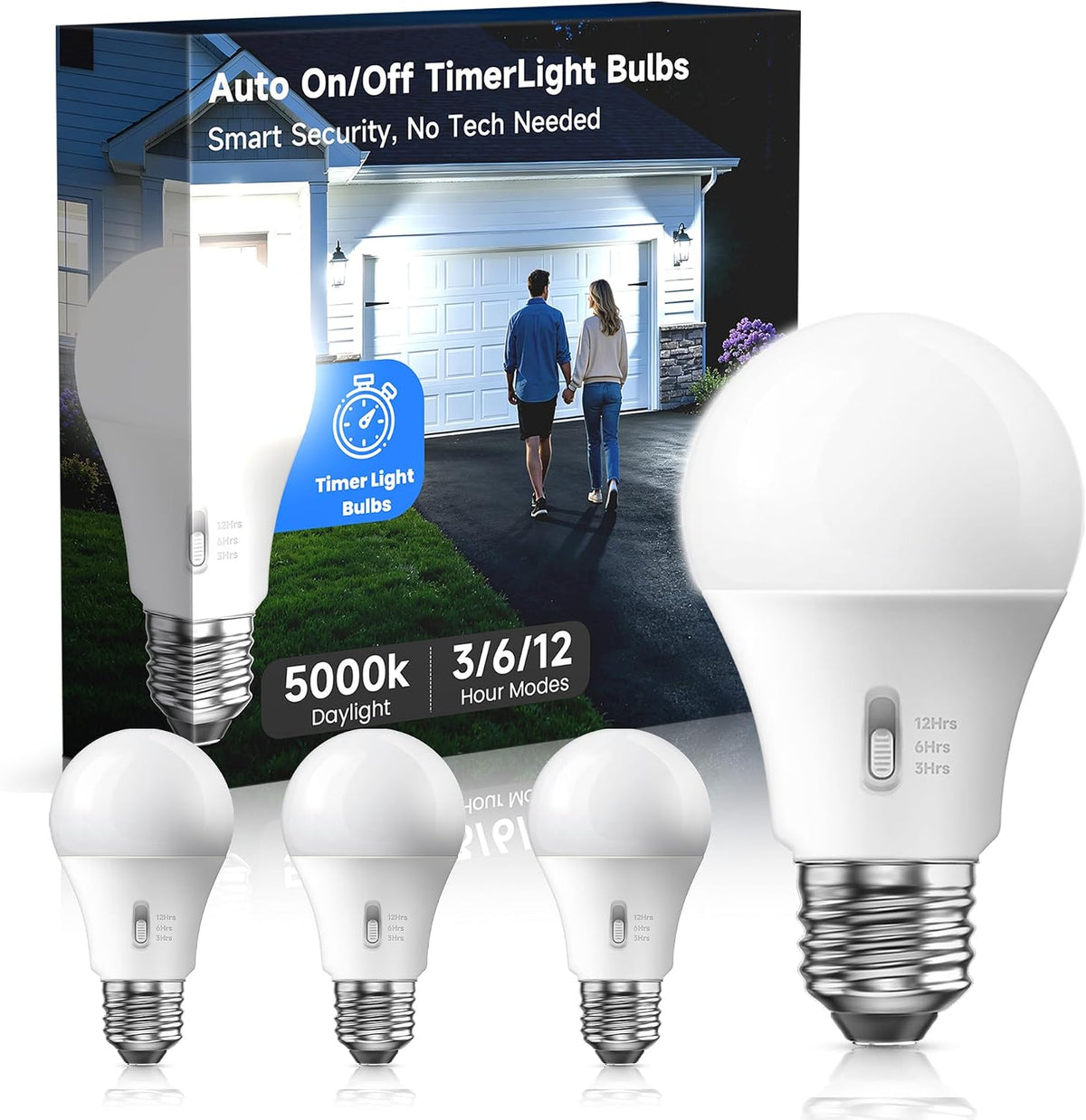 Timer Light Bulb 100W Equivalent, 13W 5000K Bright White, A19 E26 LED, 4pcs