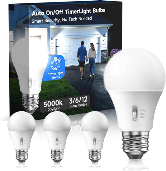 Timer Light Bulb 100W Equivalent, 13W 5000K Bright White, A19 E26 LED, 4pcs