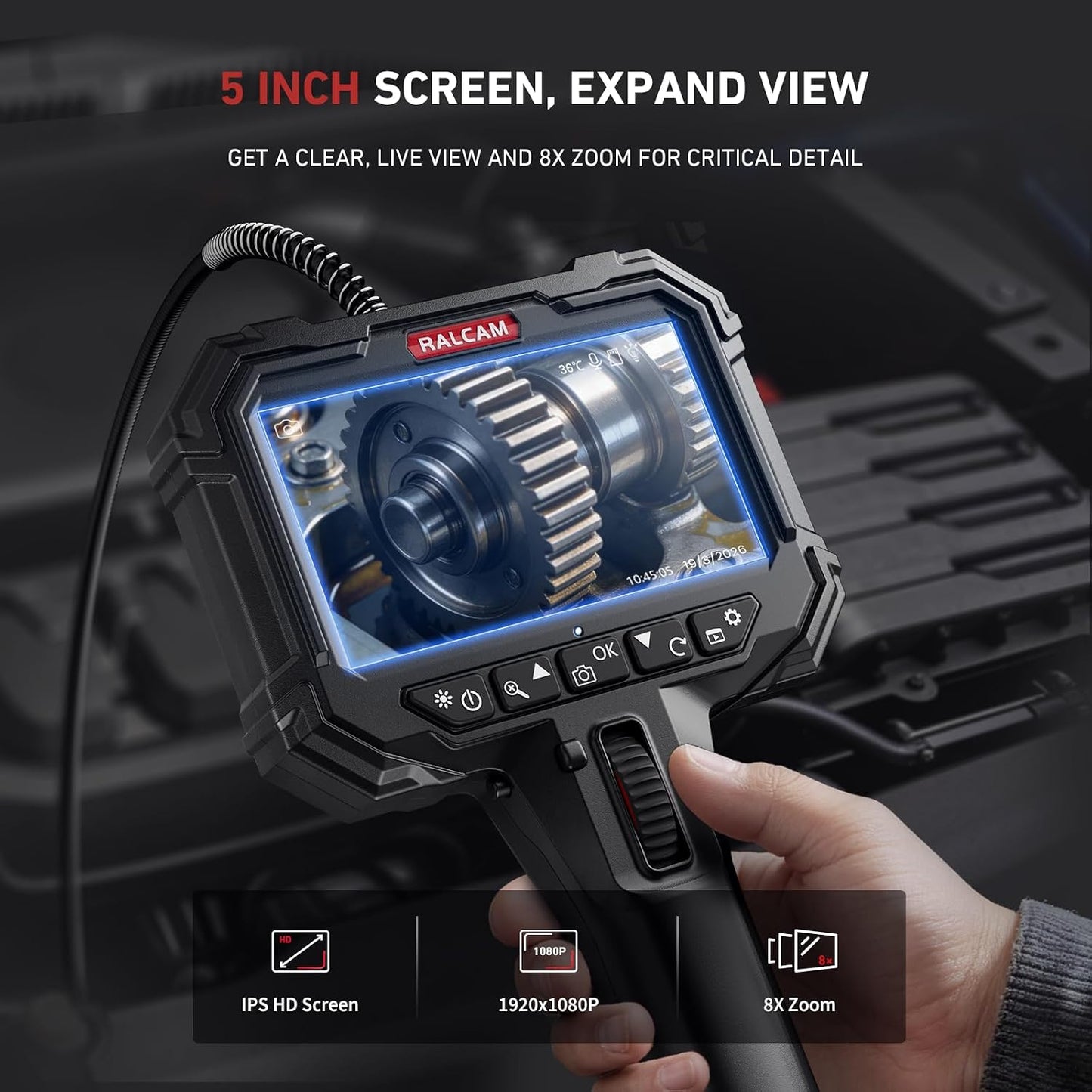 Two-Way Articulating Borescope for Mechanic Automotive HVAC Wall | 8X Zoom, 5" HD Video Endoscope Inspection Camera, 32GB Card, IP67 Waterproof Slim Probe 10FT