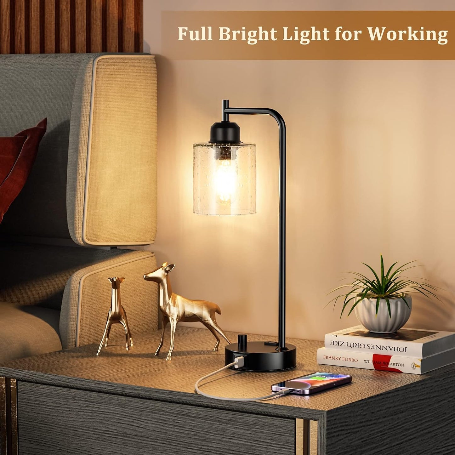 Industrial Desk Lamp, Fully Dimmable Small Bedside Table Lamp, Black, USB C | Glass Shade, USB C+A Charging Port & Outlet, Lamps for Bedroom, Night Stand, Home Office, Living Room