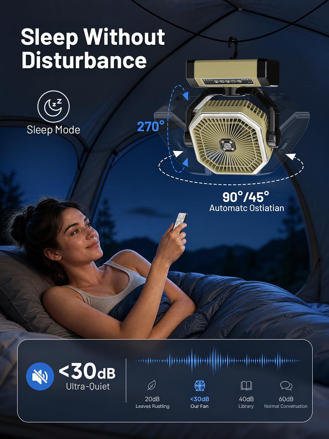 Orteen Camping Fan Rechargeable - 9-Inch Battery Powered Fan, 24000mAh(60Hrs) Battery Operated for Camping, Auto Oscillation Cordless, Tent Fan with Remote/Light, 4 Speeds, 4 Timing, Outdoor