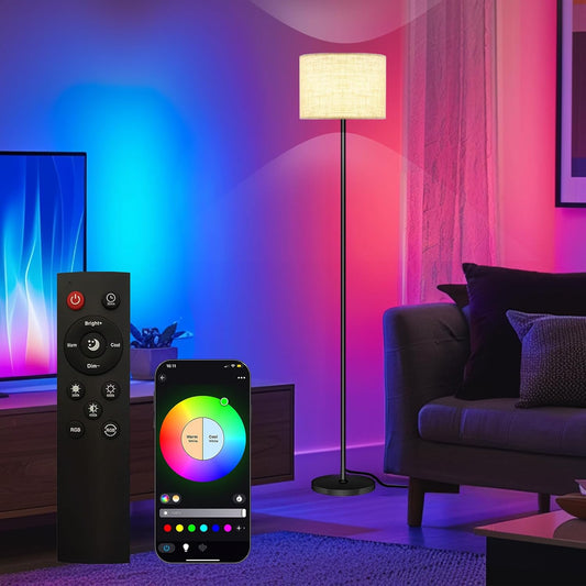 Qaubauyt Smart LED Floor Lamp with APP Control & RGB Colors - Dimmable Standing Lamp for Living Room, Bedroom, Gaming - Remote, Timer, 9W Bulb Included, 60.6" Modern Tall Lamp (Beige)