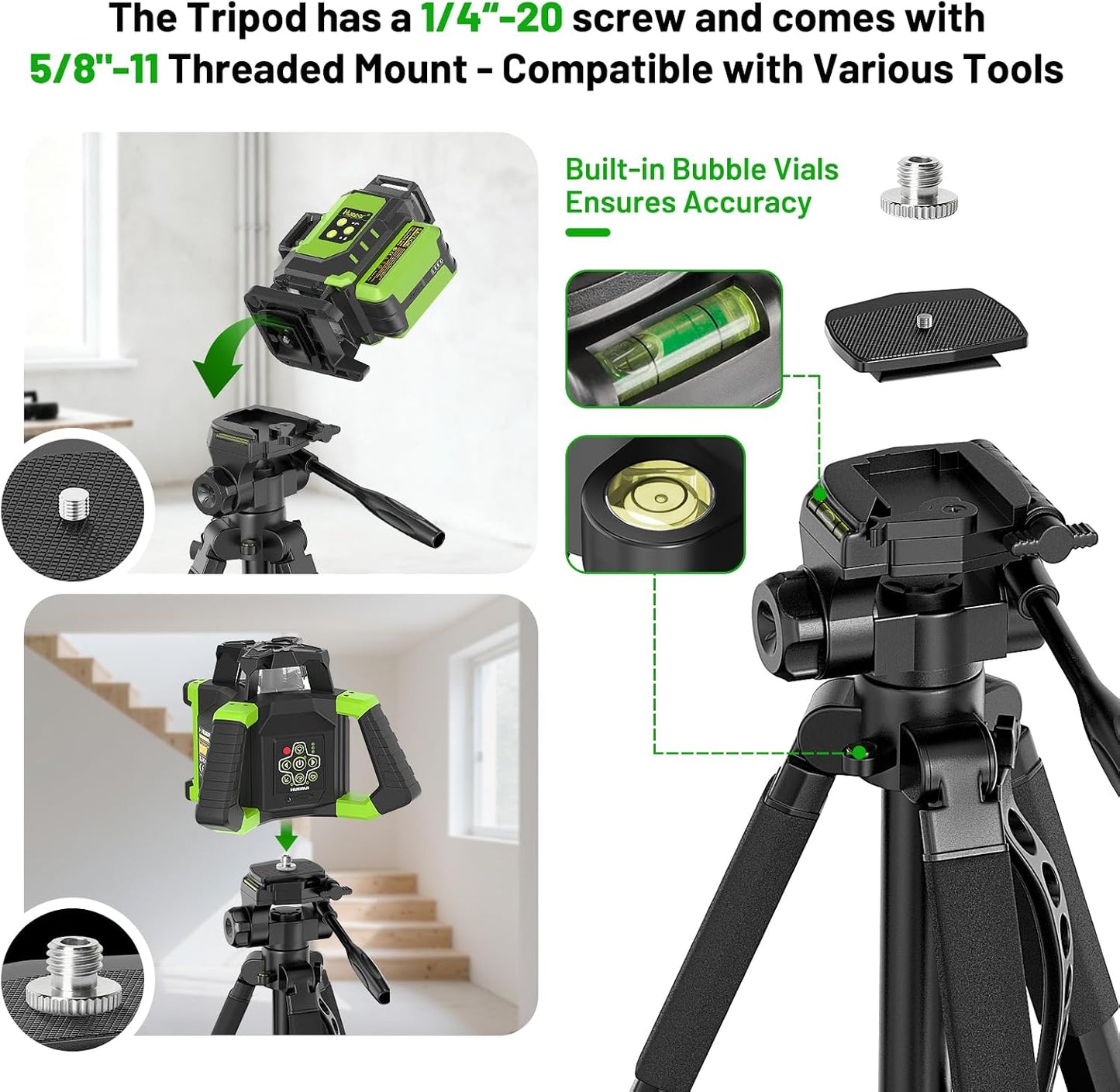 Huepar Professional Laser Level Tripod, Fathers Day Dad Gifts, 68 Inch Adjustable Height, Suit for Heavy Duty Lasers Levels, Point Laser, Distance Measure - Phone Holder, 1/4" & 5/8" Thread Mount