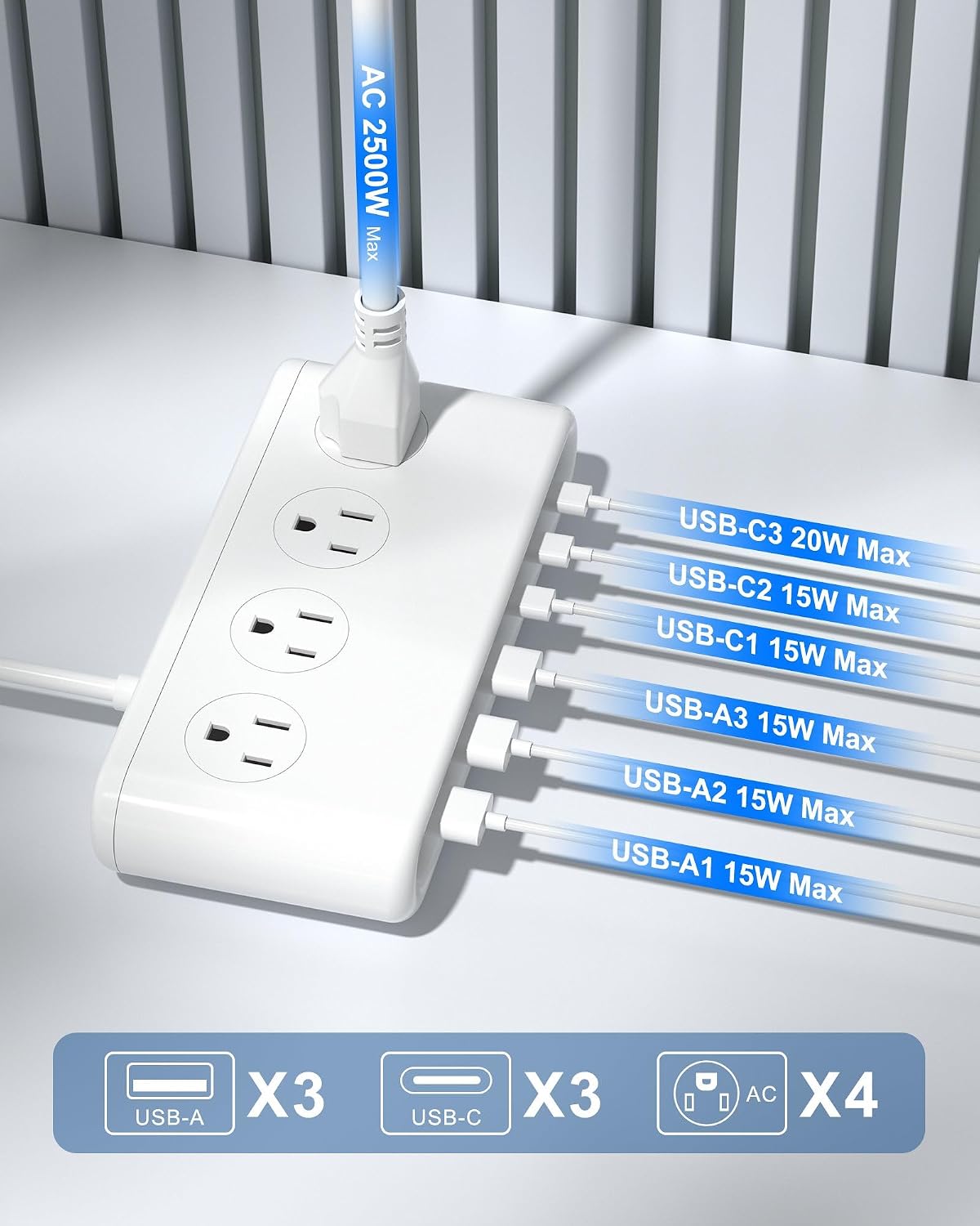 Power Strip with USB C 35W,10-in-1 Flat Plug Wall Charger - 5FT Extension Cord with 4AC, 3 USB A & 3 USB C - PD20W Charging Station for Multiple Devices - Travel Home Office (White)
