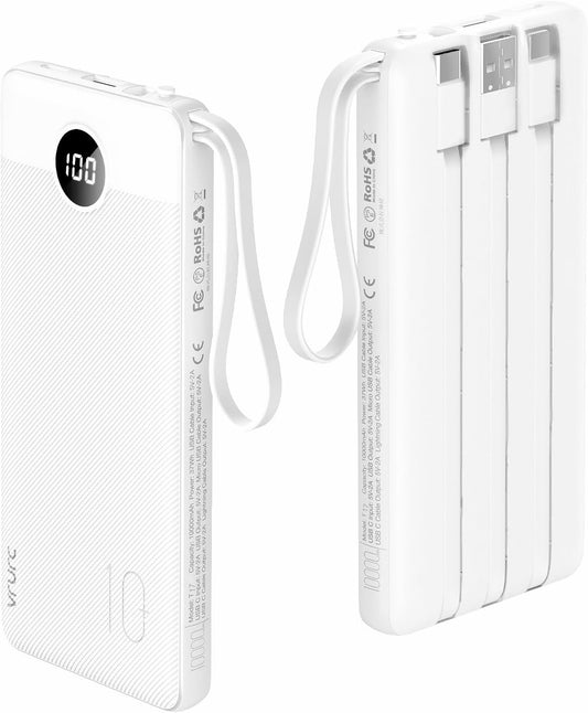 VRURC Power Bank for iPhone, 22.5W Portable Charger with Built-in Cables | 10000mAh USB C In & Out Cord Portable Phone Charger,Slim Lightweight Charging Bank Travel Essentail-White(1 Pack)