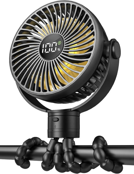 Coohea Portable Stroller Fan, 25H Long-lasting, 4 Speed, Night Light, Black | 4000mAh Rechargeable Battery Powered Fan, Head Detachable 360° Rotate Mini Fan, Easy to Wrap for Car Seat Crib Bike Treadmill
