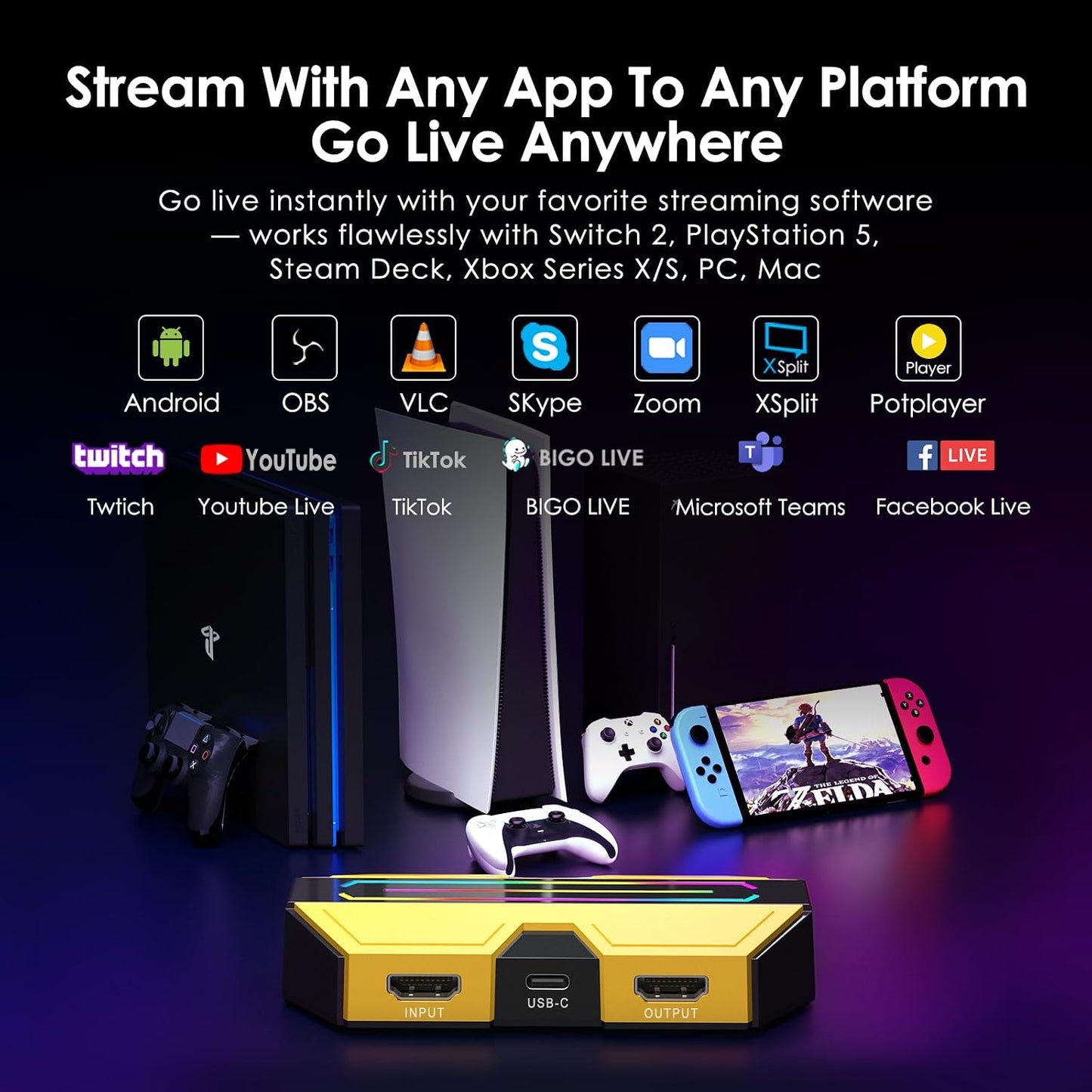 BlueAVS Multi-Spec HDMI Video Capture Card for Streaming, 4K60 1440P144 1080P240 High-frame Capture Card, USB-C External Capture Card for PS5, Xbox Series X/S, Switch, Compatible with PC, Mac, OBS