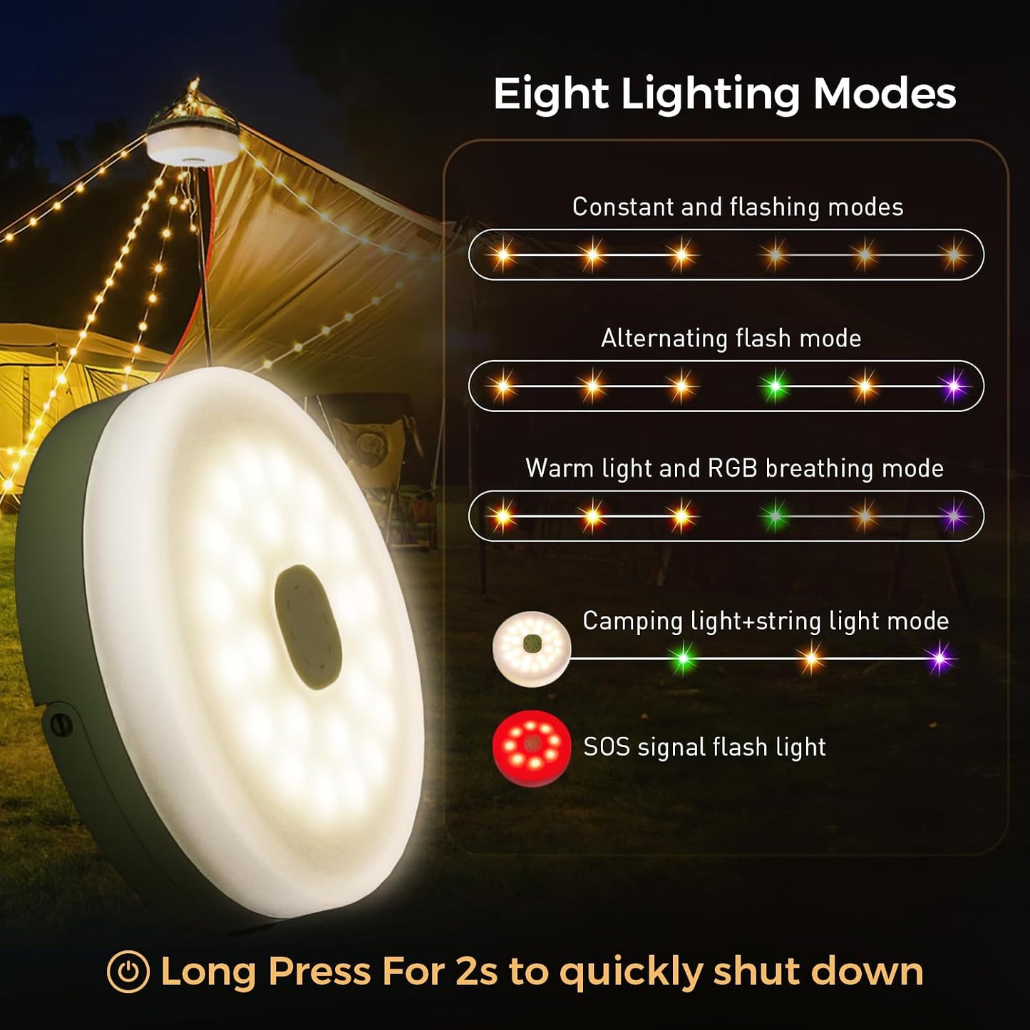 Camping String Lights, 32.8FT Rechargeable Camping Lights with Quick Storage Reel, 8 Modes Waterproof Hanging LED Camping Lights for Tent, RV Awning, Patio and Outdoor Camping Gear Essentials