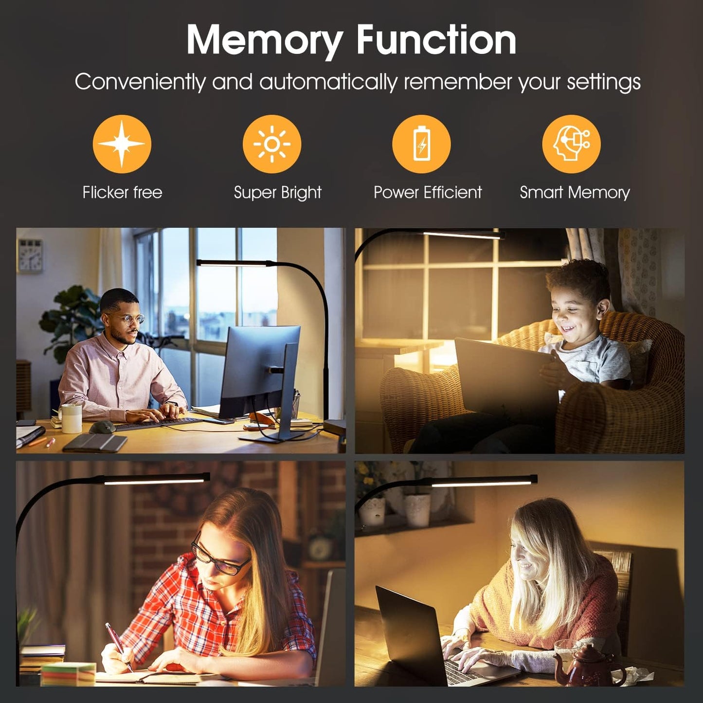 LED Desk Lamp with Clamp, Clip on Lights for Home Office, Black | 3 Modes 10 Brightness, Long Flexible Goose-Neck, Eye-Caring, Memory Function, Energy Efficient, USB Adapter, Metal