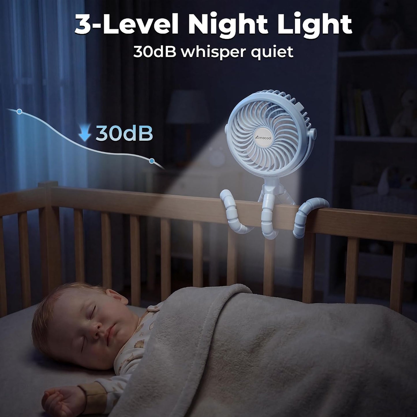 AMACOOL Battery Operated Stroller Fan, Portable Clip On Fan Rechargeable | Baby Travel Essentials for Beach Disney, Newborn Boy & Girl Gifts Registry Search, Cooling for Car Seat Wagon Crib Treadmill