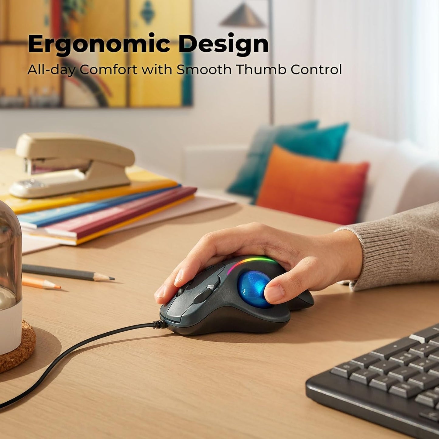Wired Trackball Mouse with RGB Lighting, Ergonomic Thumb Control to Reduce Muscle Strain, 5 Adjustable DPI, Dual USB-C & USB-A Connectivity, Compatible with PC, Laptop, Mac, Windows-Blue