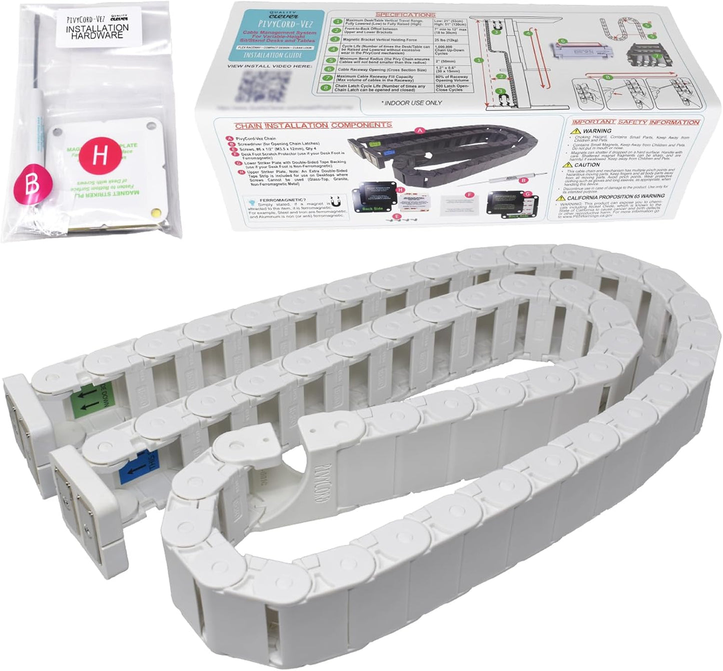PivyCord-Vez Flex Chain Raceway Cable Management Solution for Sit-Stand Variable Height Desks, Flexible Cable Raceway to Hide, Organize and Protect Wires and Cables, White