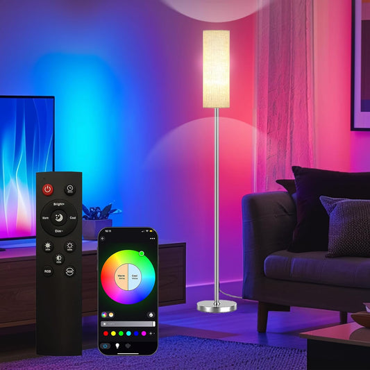 Qaubauyt Smart LED Floor Lamp with APP Control & RGB Colors - Dimmable Standing Lamp for Living Room, Bedroom, Gaming - Remote, Timer, 9W Bulb Included, 67" Modern Tall Lamp (Silver Beige)