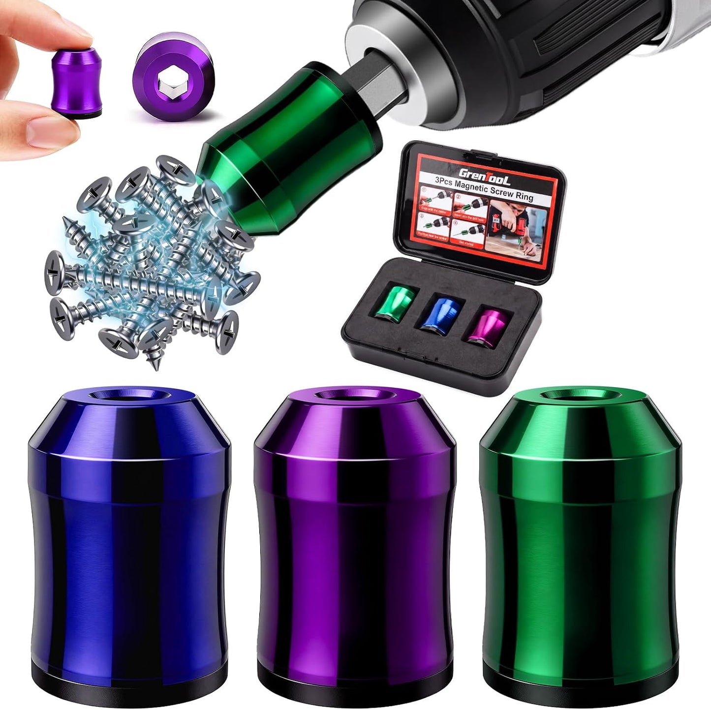 Magnetic Screw Ring, 1/4", for Use with Electric Drills, 3PCS | Magnetic Attachment, Enhanced Magnetic Strength of the Bit, Removable