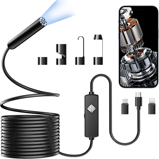 Endoscope with Light, 1920P HD Borescope with 8 Adjustable LED Lights, Semi-Rigid Snake Camera, IP67 Waterproof Inspection Tool (9.8ft, Black Harness + Single Lens)