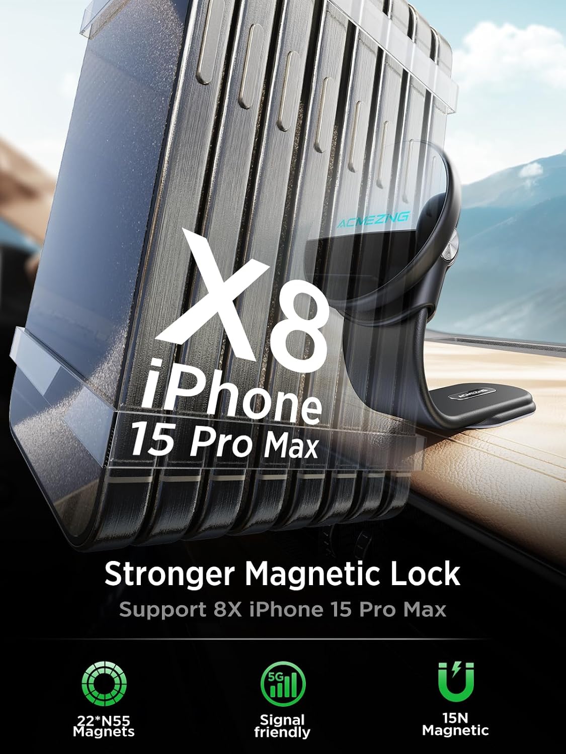 ACMEZING 15W Only for iPhone MagSafe Car Mount Charger, 360% Adjustable | Aluminum Alloy Arm, Relocatable Car Phone Holder, Magnetic Wireless Fast Charging, Cell Phone Holder for All Cars, Black