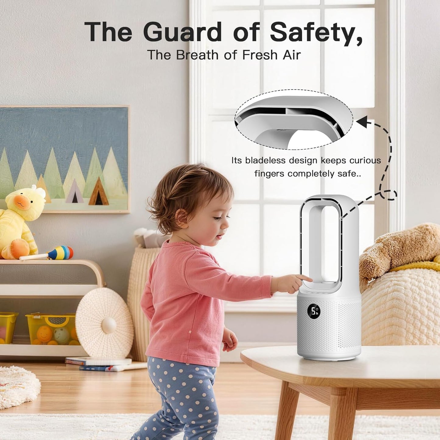 let'me Bladeless Desk Fan Small Quiet,5-Speed Bedside Table Fan with 3-Level Brightness Night Light, 72° Oscillation, 9-Hour Timer, Wired Power with Adapter,Fan for Bedroom Office Home,13x5 Incn