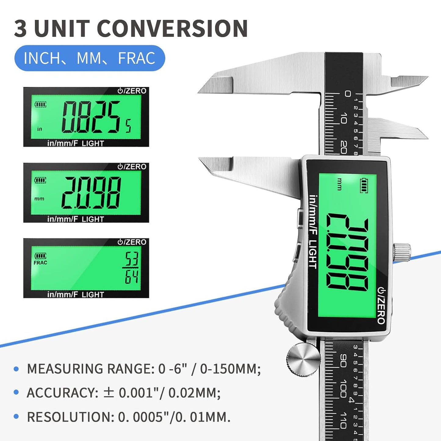 Digital Caliper, Rechargeable Calipers Measuring Tool with Large LCD Backlight Screen, 6 Inch Stainless Steel Vernier Micrometer, Auto-Off, Easy Switch from Inch Metric Fraction for DIY/Household