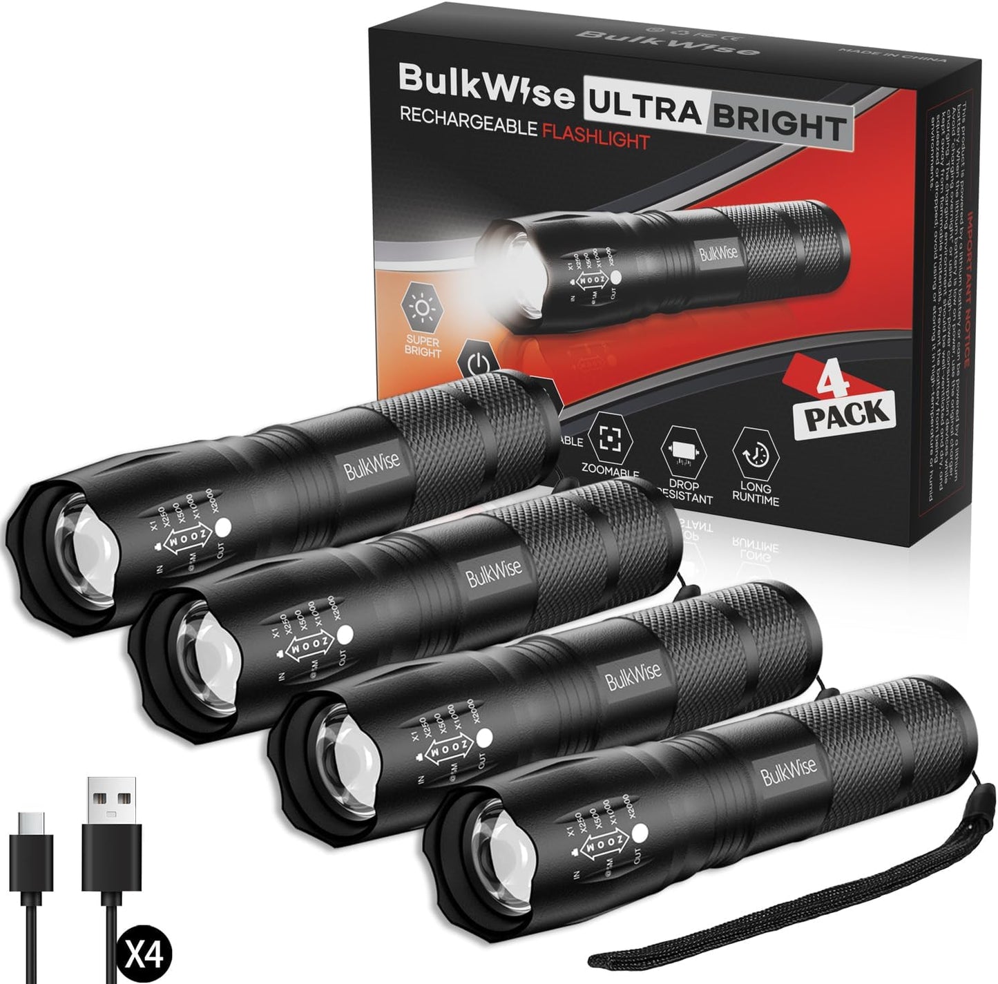 4 Pack Rechargeable Flashlights High Lumens, Bright 1 Mode Small Flashlight Powerful Tactical Flashlights Rechargeable, LED Flash Light Zoomable for Camping Hiking Emergency Gift