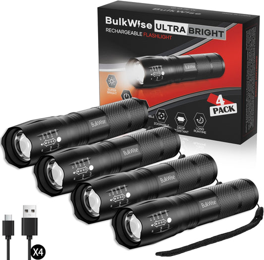 4 Pack Rechargeable Flashlights High Lumens, Bright 1 Mode Small Flashlight Powerful Tactical Flashlights Rechargeable, LED Flash Light Zoomable for Camping Hiking Emergency Gift