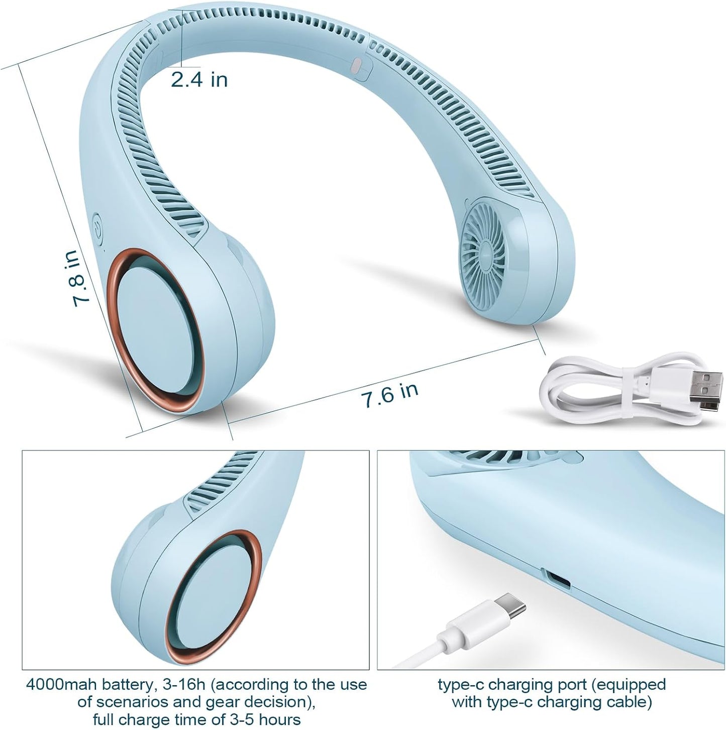 CIVPOWER Neck Fan: Portable Personal Neck Cooling Rechargeable Bladeless Fan - Hands Free 3 Speed 4000 mAh Battery USB Operated Wearable Headphone Design - Gift for Men Women Outdoor (Light Blue)
