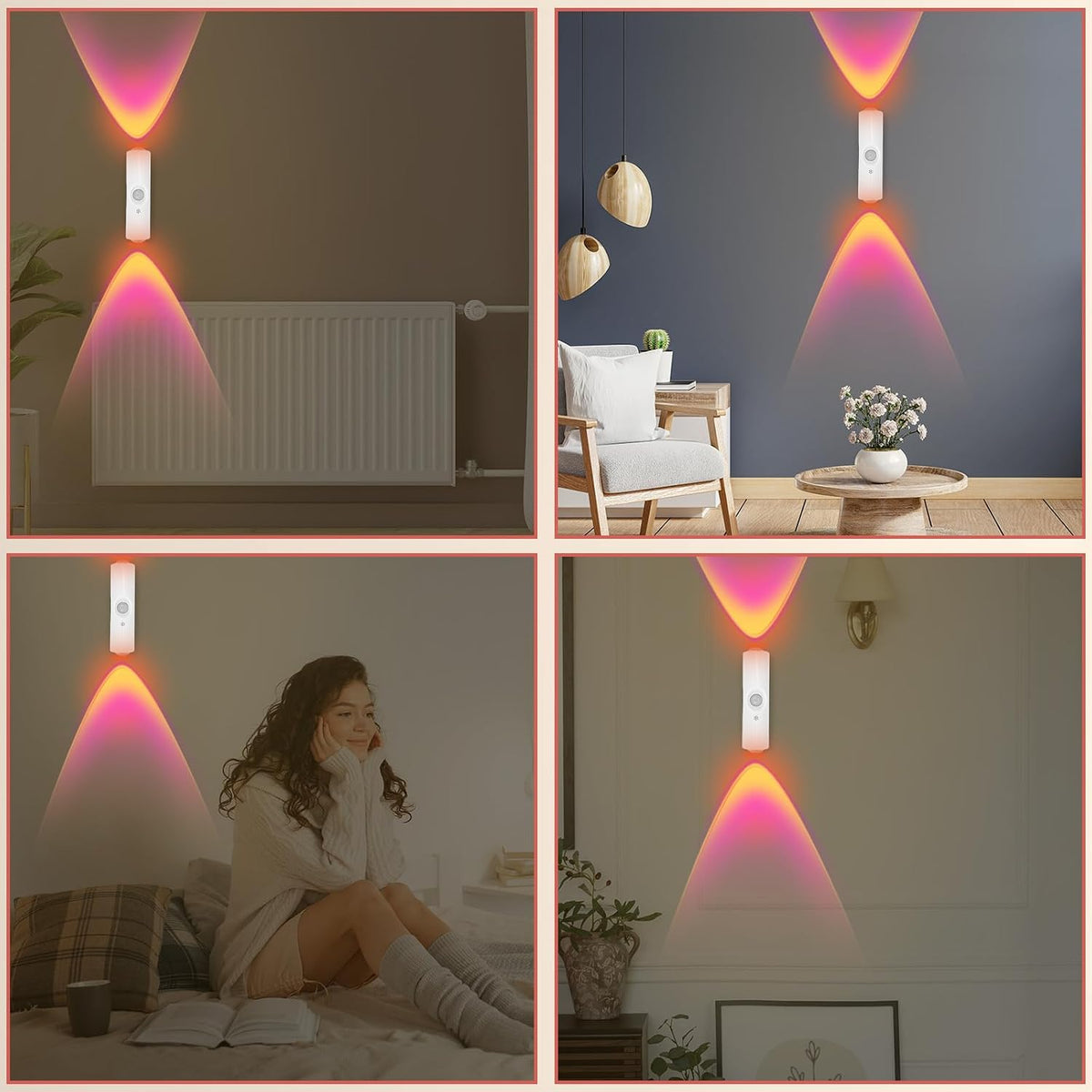 4pcs Rechargeable Smart LED Motion Sensor Night Lights, Wireless Magnetic Wall Lights Human Body Sensing Ambient Sconce for Stairs Indoor Bathroom Cabinet(7-Color RGB, No Drilling Installation)