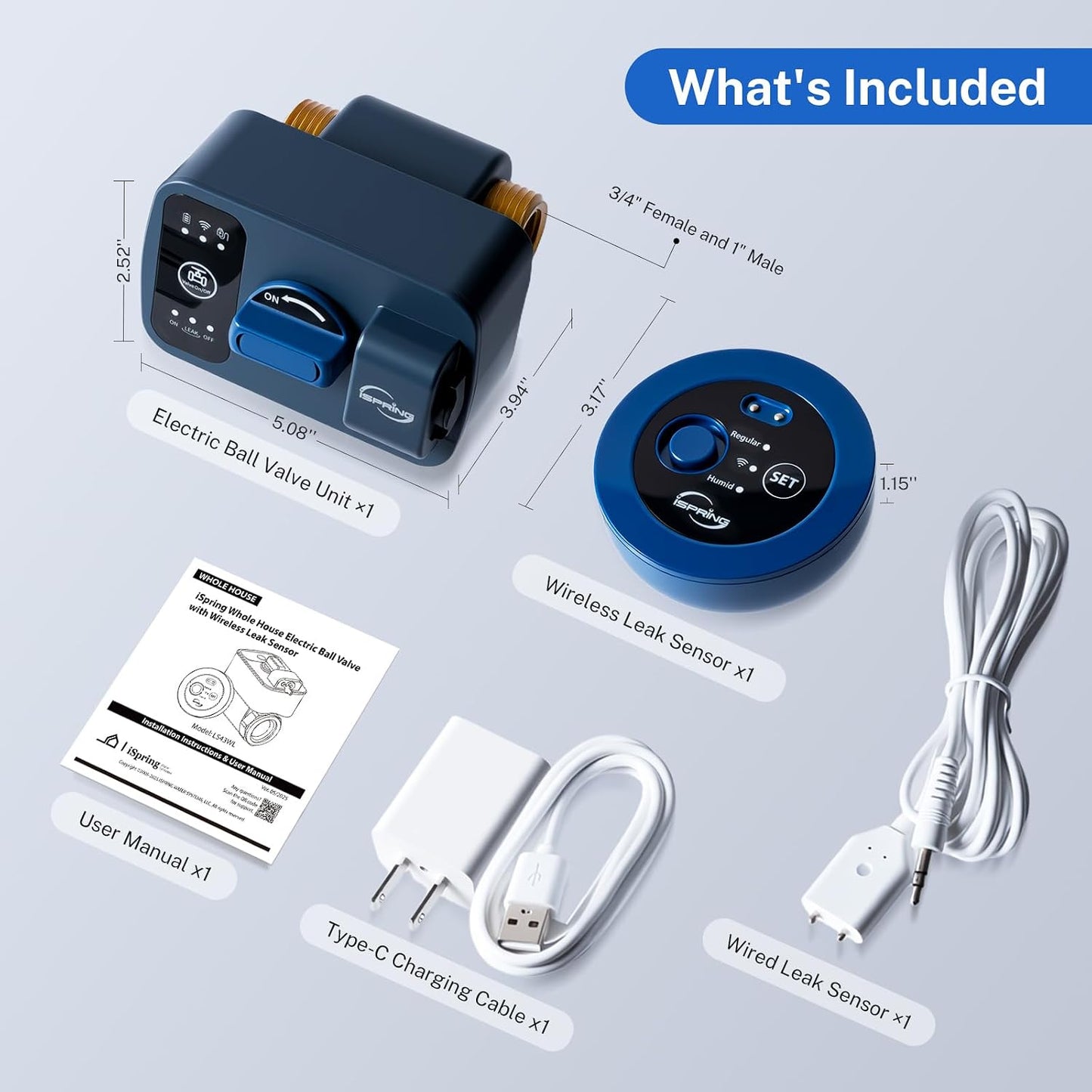 iSpring LS43WL Smart Leak Detector, 1 Wired + 1 Wireless