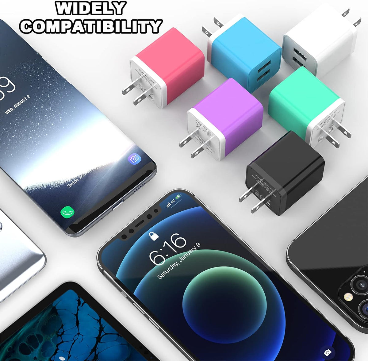 6Pack USB Wall Charger 2.4A Dual USB Port Cube Power Plug Adapter | Fast Phone Charger Block Charging Box Brick for iPhone 17/17 Pro/17 Pro Max/16, Samsung Galaxy, Pixel, LG, Android-Colorful