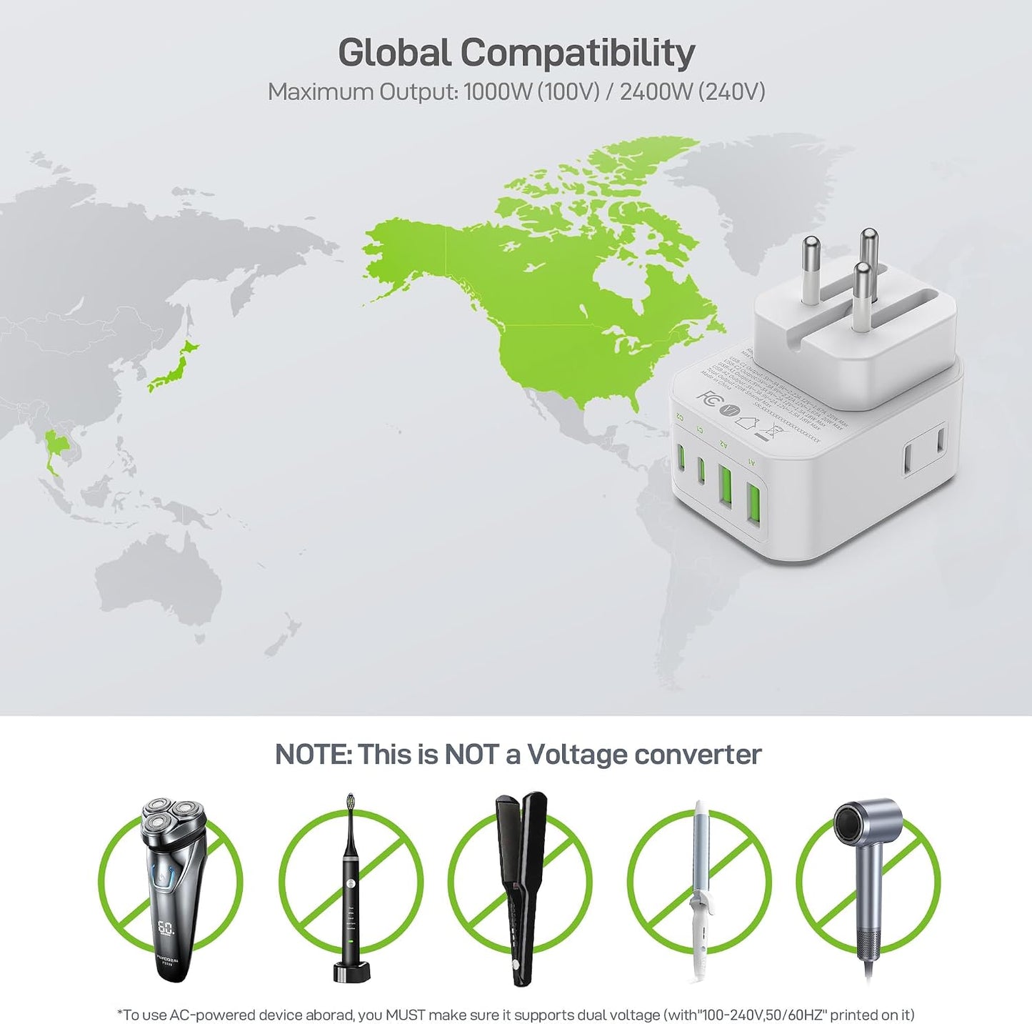 EPICKA Thailand Travel Plug Adapter, Foldable & Detachable Type O (Thailand) VisaPlug, 8-in-1 International Power Adapter with 4 USB Ports (2 USB-C PD 20W), Cruise Approved, US to Thailand, White