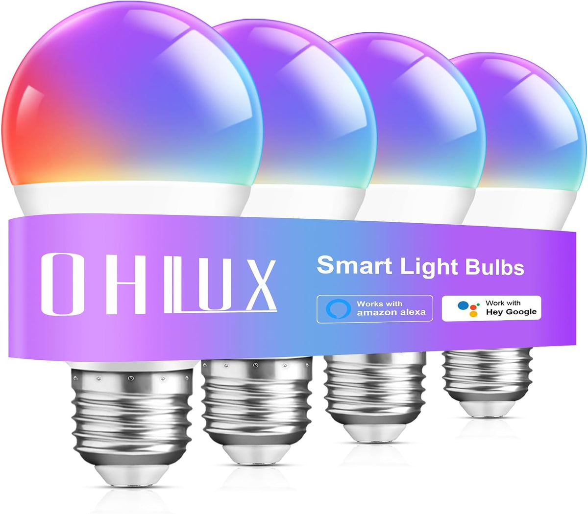 OHLUX Smart Light Bulbs, Color Changing LED Bulbs for Alexa and Google Assistant, 2.4GHz WiFi and Bluetooth with Music Sync, E26 A19, 120V, 4 Pack
