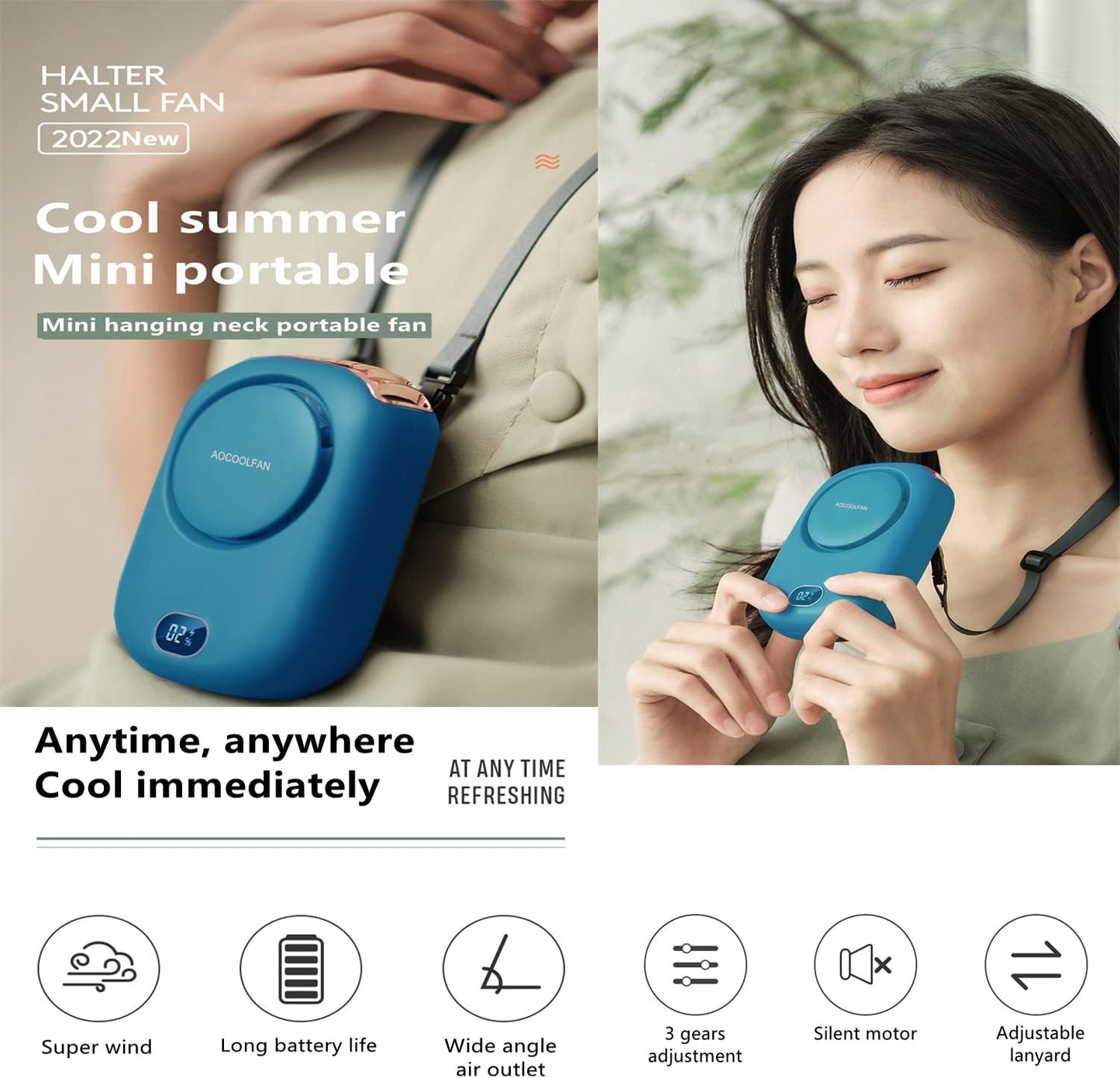 AOCOOLFAN Portable Neck Fan, Mini Small Personal Handheld Fan USB Rechargeable 3 Speed for Girls Boys Woman Eyelash Travel Home Office Outdoor (Blue)
