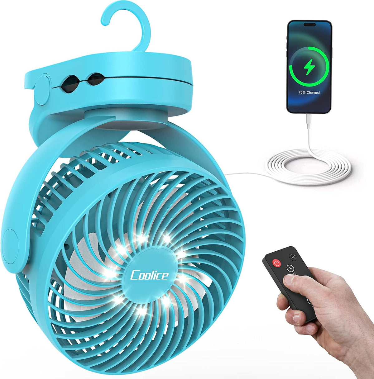 Camping Fan with Remote Control - 12000mAh Rechargeable Battery Powered Fan, Camping Fans for Tents with LED light & Hanging Hook, Rechargeable Battery Operated Ceiling Fans for Tent RV Bed, Green