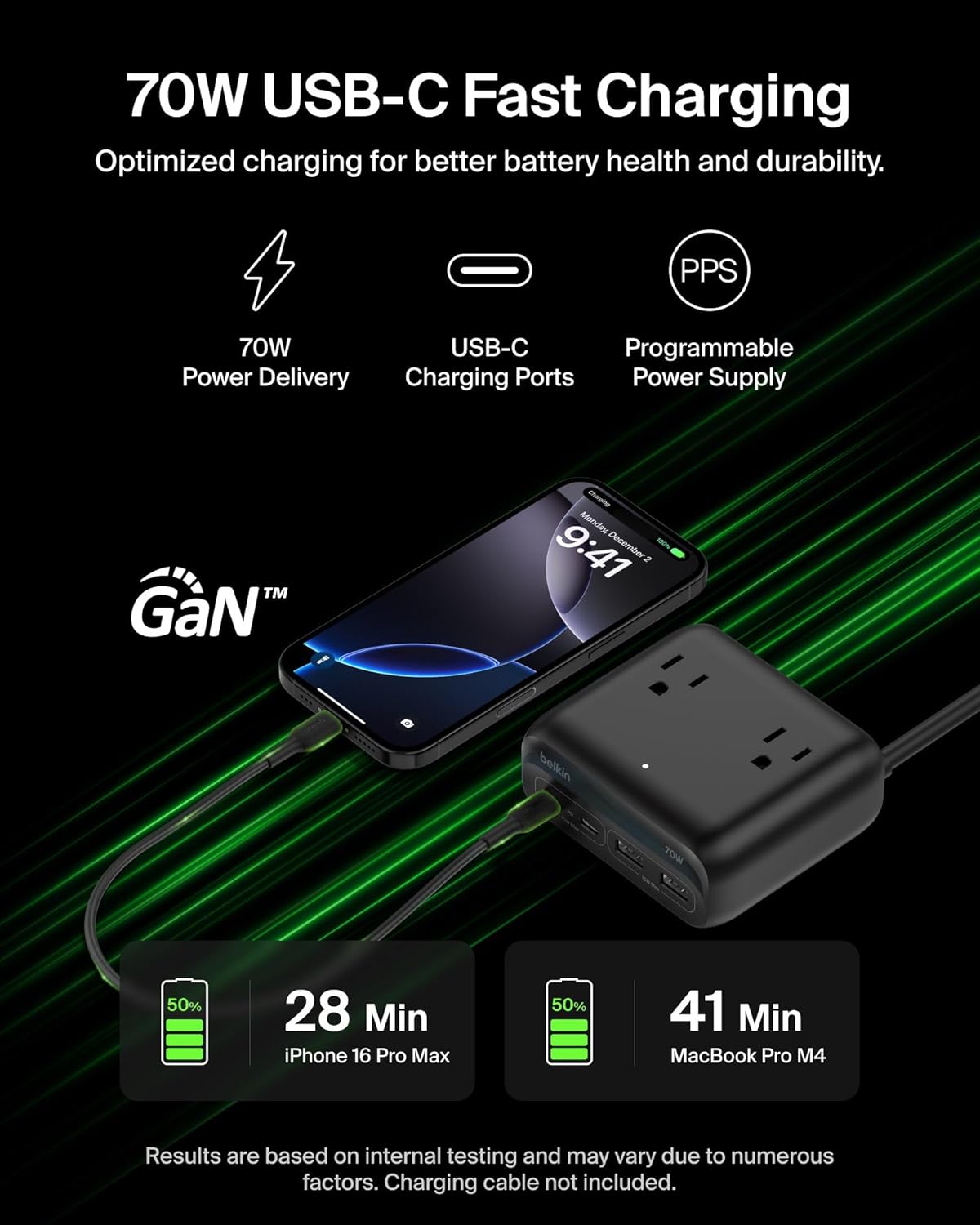 Belkin 70W GaN 7 in 1 Charging Station, 3X AC, 2X USB A, & 2X USB C Ports | Power strip, dual USB-C charger, iPhone 17/16/15, Apple Watch, iPad, MacBook, Samsung Galaxy S26, Pixel 10