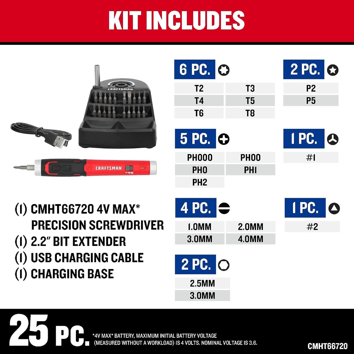 CRAFTSMAN Electric Screwdriver Cordless 25 Piece Kit, 4V Precision Screwdriver Set Rechargeable Power, USB Compatible, Includes Bit Set Storage, Charging Base, LED Light (CMHT66720)