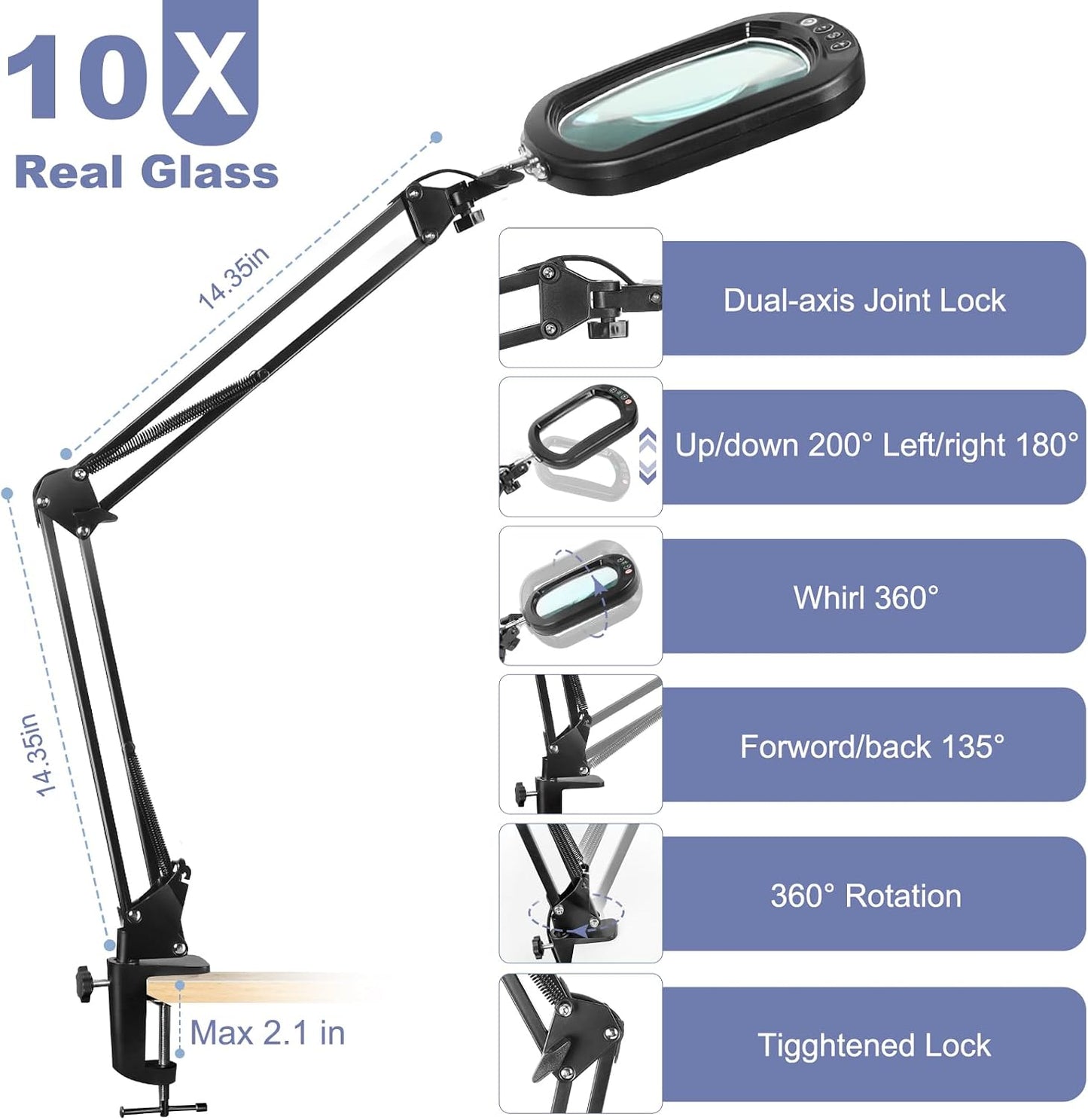 10X Large Magnifying Glass with Light and Clamp, Real Glass, 5 Color Modes, Stepless Dimmable, Lighted Magnifier with Stand Hands Free, LED Swing Arm Desk Lamp for Close Work, Craft, Reading, Painting